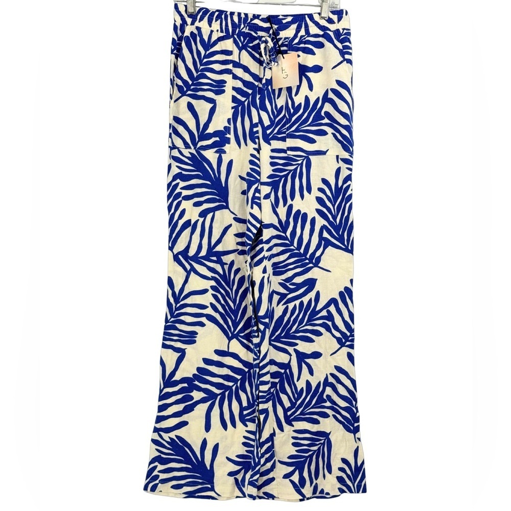 NWT Happily Grey Blue Palm Leaf Wide Leg Linen Blend Resort Pants Coastal, M